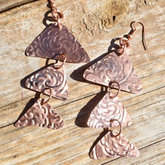 Triangle Geometric Copper Earrings Fish Scales Pattern Handmade Boho Gift Rustic - Picture 8 of 8